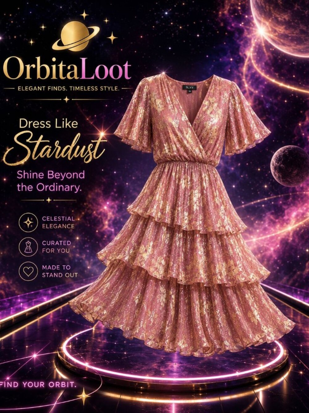 SLNY Dress Sz 10 Metallic Floral Blush Tiered Party Cocktail Midi NWT